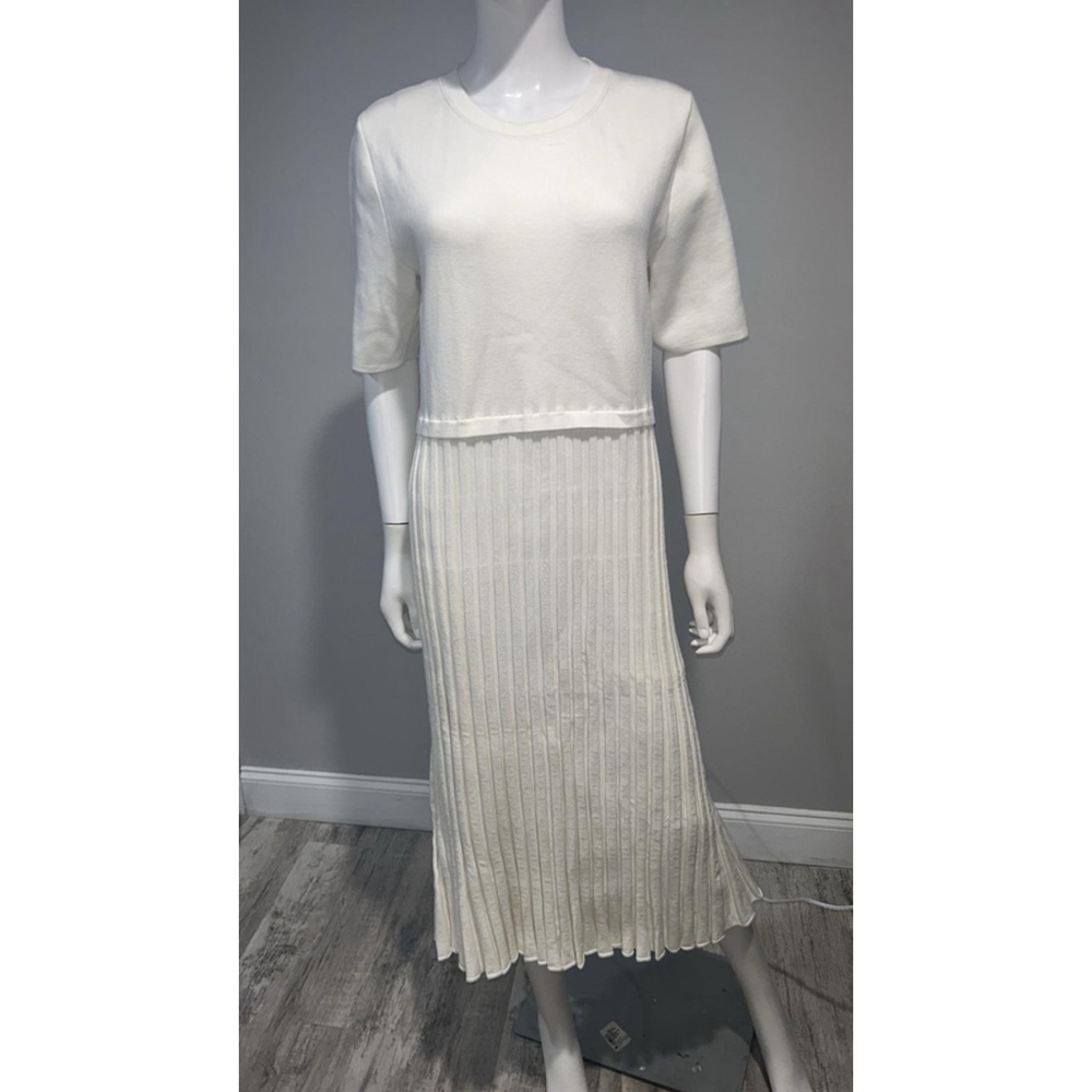 Women's Elie Tahari White Short Sleeve Knit Pleated Midi Dress - Picture 7 of 11